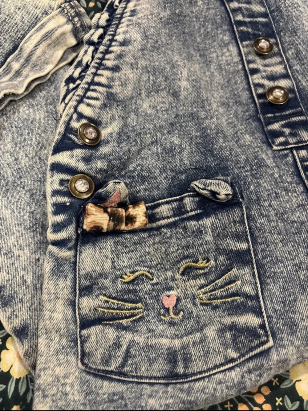 Girls' Acid Wash Denim Overalls with Kitty Pockets